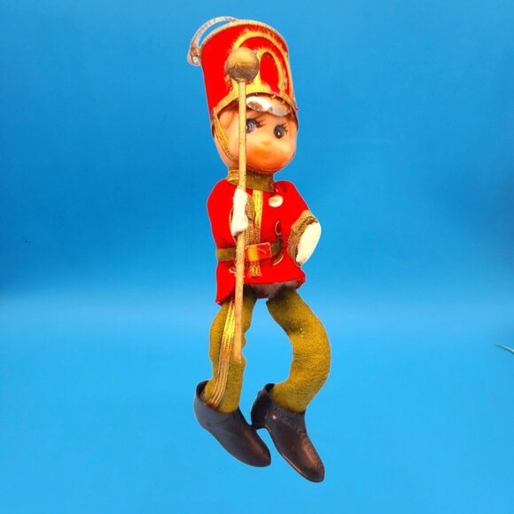 Vintage 1950s Elf Toy Soldier Ornament • Red Green Felt with Velvet Gold Trim • - Picture 9 of 10